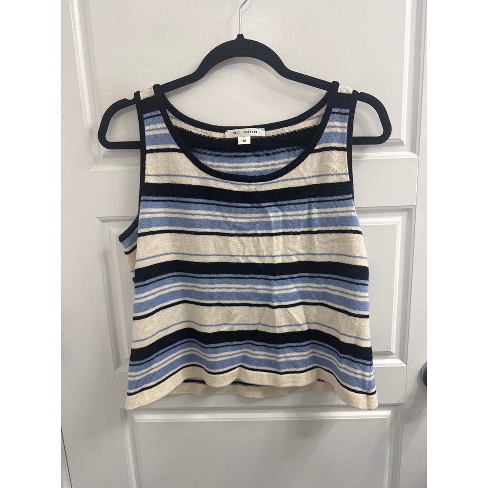 St. John Blue Striped Knit Tank Top Sleeveless Scoop Neck Sweater Vest Medium